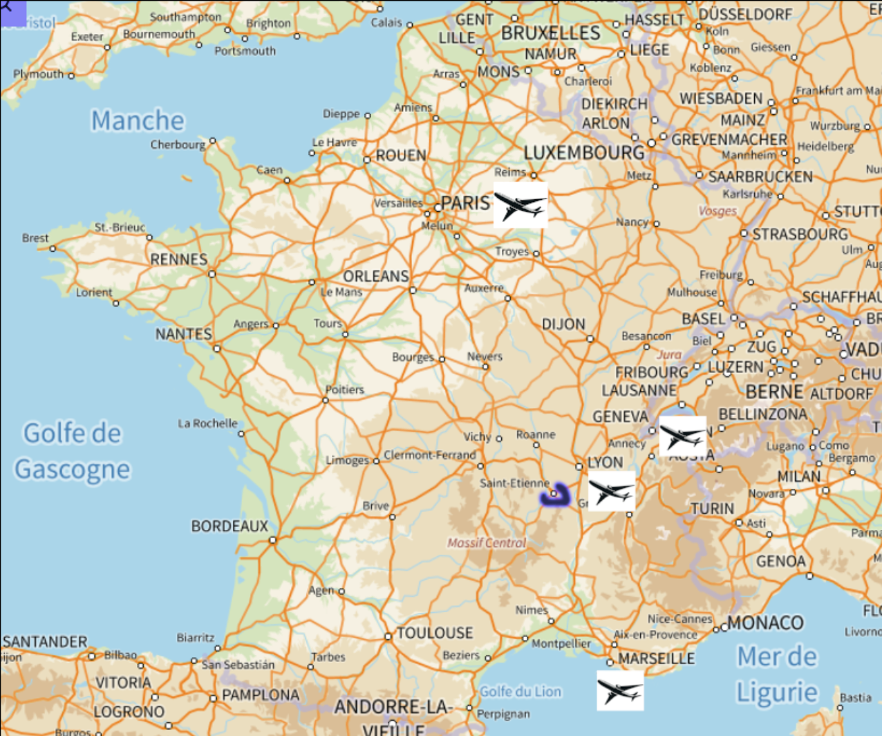 Carte montrant les aérodromes en France dont notamment celui de Lyon Saint-Exupery comme nom de code IATA: 'LYS' ou aussi le code OACI :'LFLL'