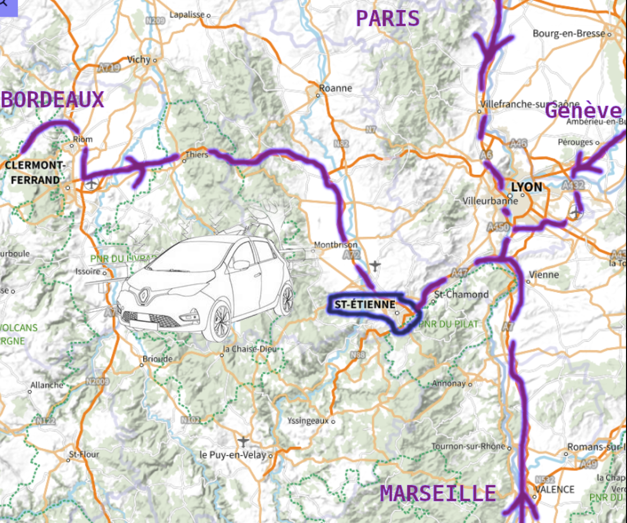 Carte montrant l'aérodrome de Lyon Saint-Exupery comme nom de code IATA: 'LYS' ou aussi le code OACI :'LFLL' mais aussi montrant les gares de Lyon (Perrache et Part-Dieu) qui permettent d'accèder à la gare de Châteaucreux située à Saint-Etienne