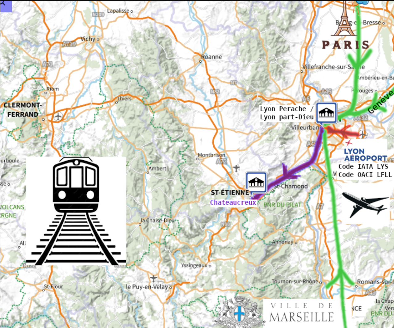 Carte montrant l'aérodrome de Lyon Saint-Exupery comme nom de code IATA: 'LYS' ou aussi le code OACI :'LFLL' mais aussi montrant les gares de Lyon (Perrache et Part-Dieu) qui permettent d'accèder à la gare de Châteaucreux située à Saint-Etienne